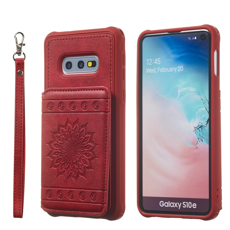 Imprinted Sunflower PU Leather Coated TPU Phone Shell with Wallet Kickstand for Samsung Galaxy S10e - Red-2