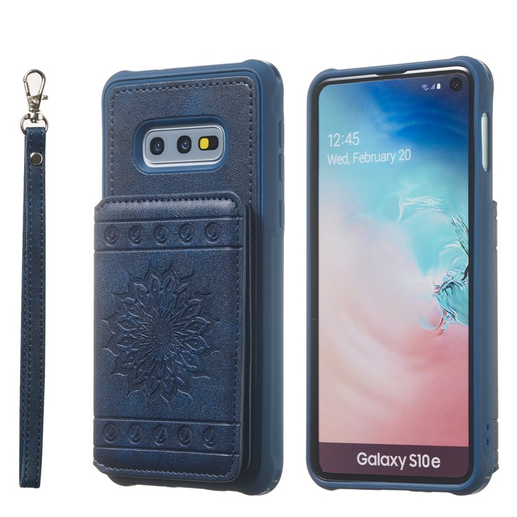 Imprinted Sunflower PU Leather Coated TPU Phone Shell with Wallet Kickstand for Samsung Galaxy S10e - Blue-2