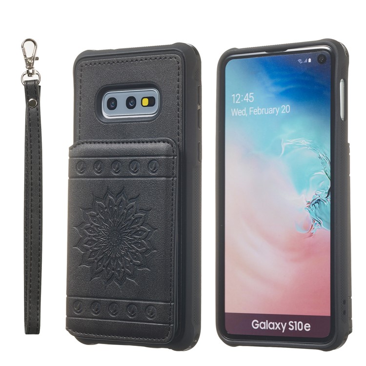Imprinted Sunflower PU Leather Coated TPU Phone Shell with Wallet Kickstand for Samsung Galaxy S10e - Black-2