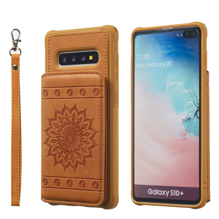 Imprinted Sunflower PU Leather Coated TPU Case with Kickstand for Samsung Galaxy S10 Plus - Brown-2