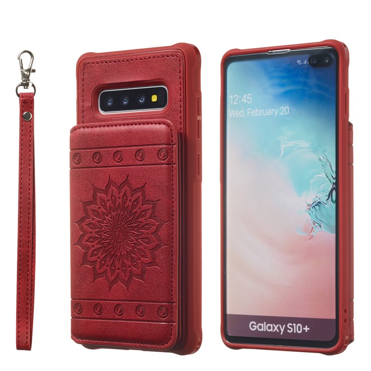 Imprinted Sunflower PU Leather Coated TPU Case with Card Holder for Samsung Galaxy S10 Plus - Red-2