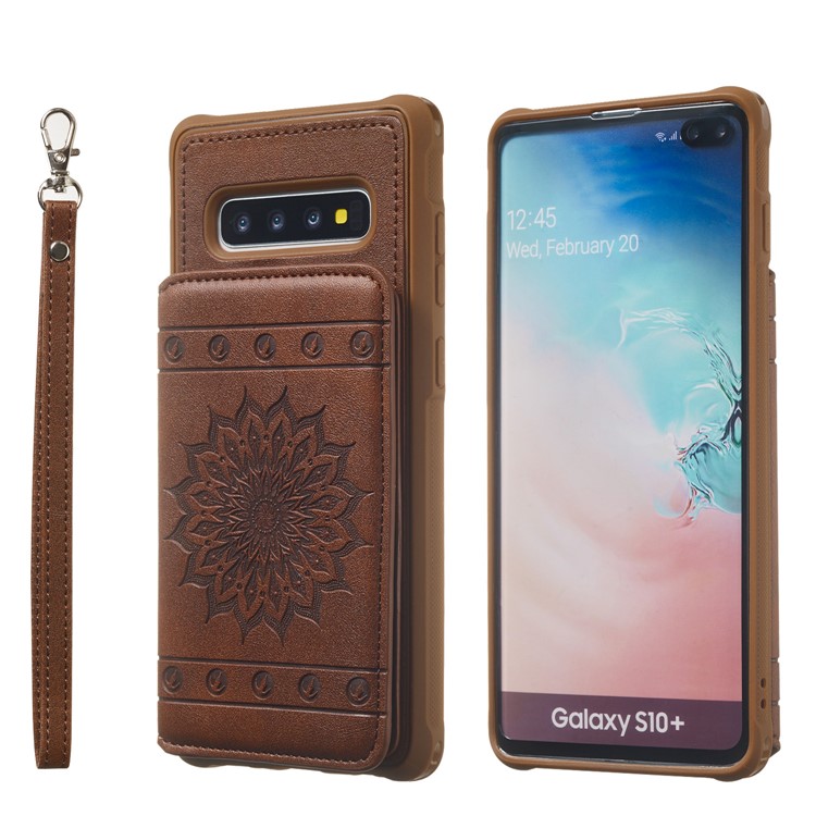 Imprinted Sunflower PU Leather Coated TPU Case with Card Holder for Samsung Galaxy S10 Plus - Coffee-2