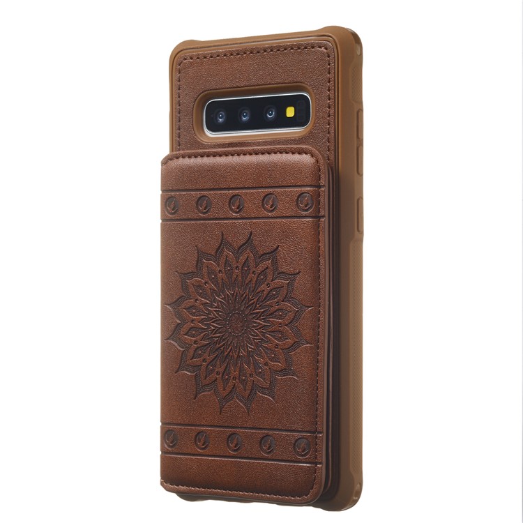 Imprinted Sunflower PU Leather Coated TPU Case with Card Holder for Samsung Galaxy S10 Plus - Coffee-3
