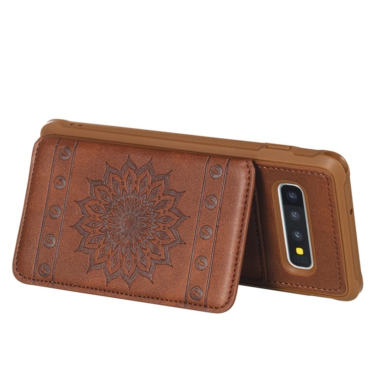 Imprinted Sunflower PU Leather Coated TPU Case with Card Holder for Samsung Galaxy S10 Plus - Coffee-6