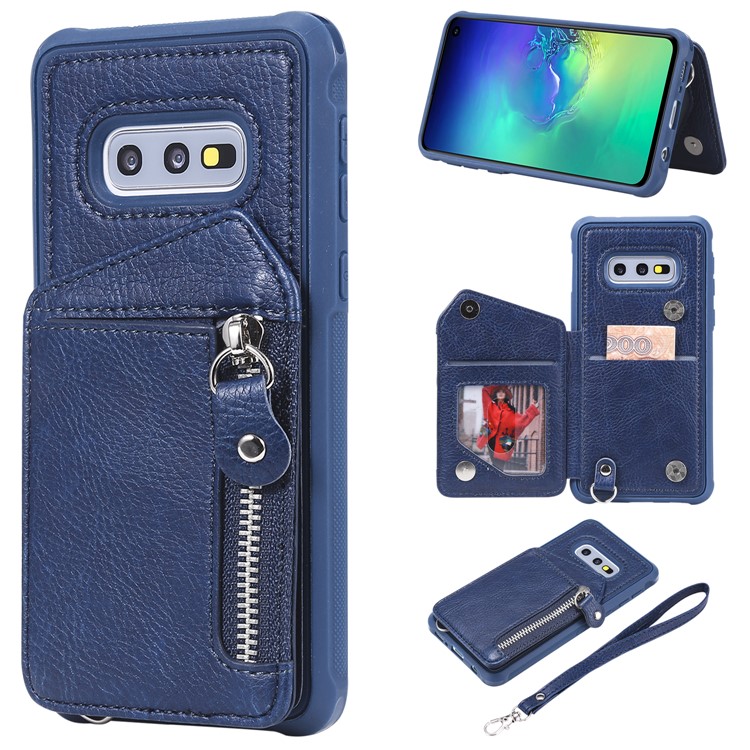

PU Leather Zipper Kickstand Leather Protection Casing for Samsung Galaxy S10e - Blue, Galaxy S10e