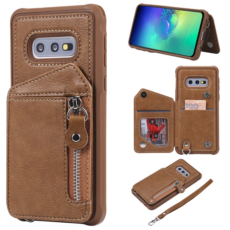 

PU Leather Zipper Kickstand Leather Protection Casing for Samsung Galaxy S10e - Brown, Galaxy S10e