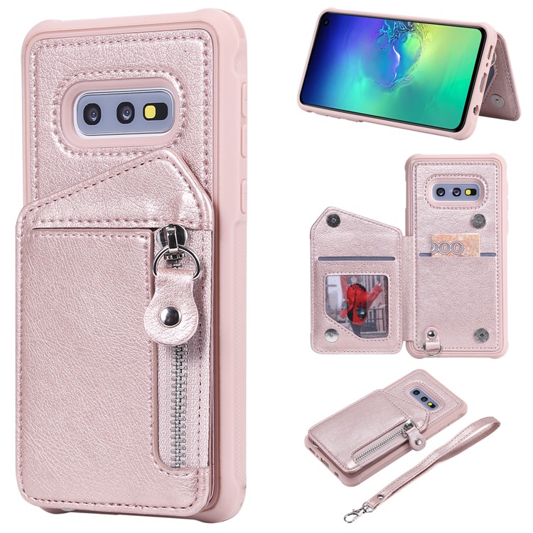 PU Leather Zipper Kickstand Leather Protection Casing for Samsung Galaxy S10e - Rose Gold-1