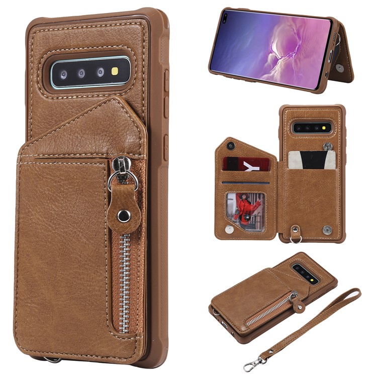 TPU+PU Leather Zipper Kickstand Leather Protection Casing for Samsung Galaxy S10 Plus - Brown-1