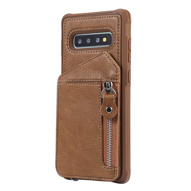TPU+PU Leather Zipper Kickstand Leather Protection Casing for Samsung Galaxy S10 Plus - Brown-2