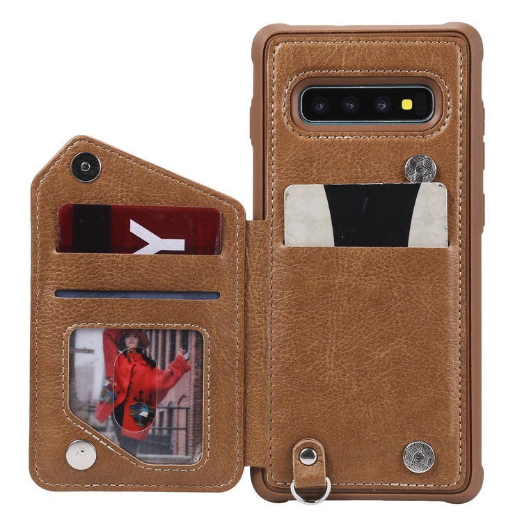 TPU+PU Leather Zipper Kickstand Leather Protection Casing for Samsung Galaxy S10 Plus - Brown-4