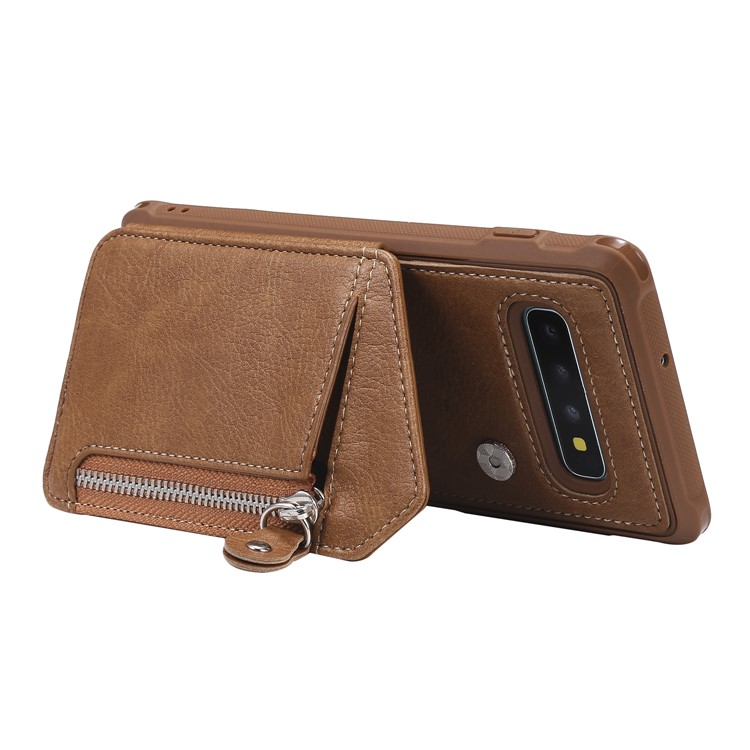 TPU+PU Leather Zipper Kickstand Leather Protection Casing for Samsung Galaxy S10 Plus - Brown-5