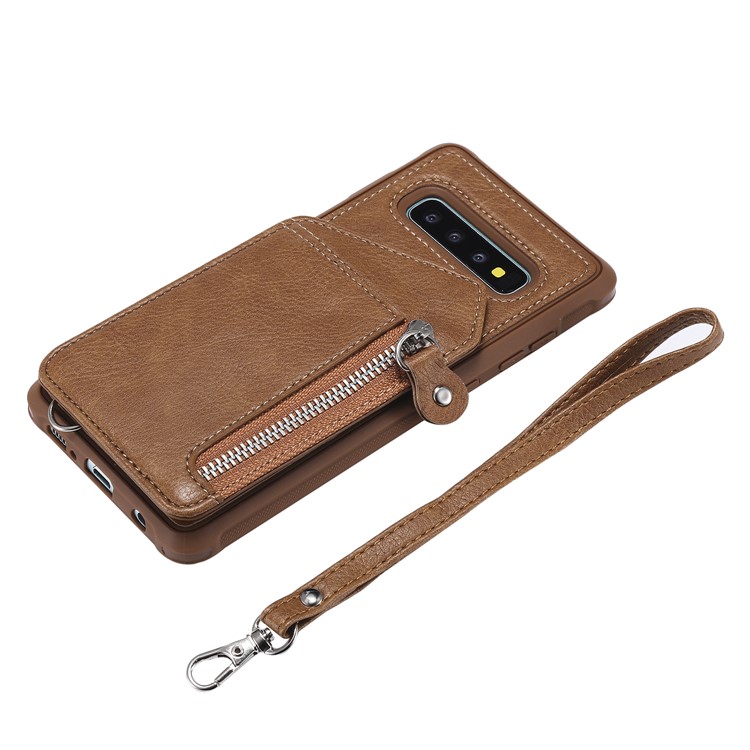 TPU+PU Leather Zipper Kickstand Leather Protection Casing for Samsung Galaxy S10 Plus - Brown-7