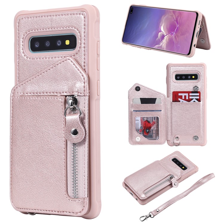 TPU+PU Leather Zipper Kickstand Leather Protection Casing for Samsung Galaxy S10 Plus - Rose Gold-1