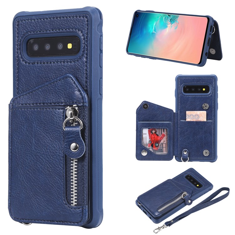 

TPU+PU Leather Zipper Kickstand Leather Protection Casing for Samsung Galaxy S10 - Blue, Galaxy S10