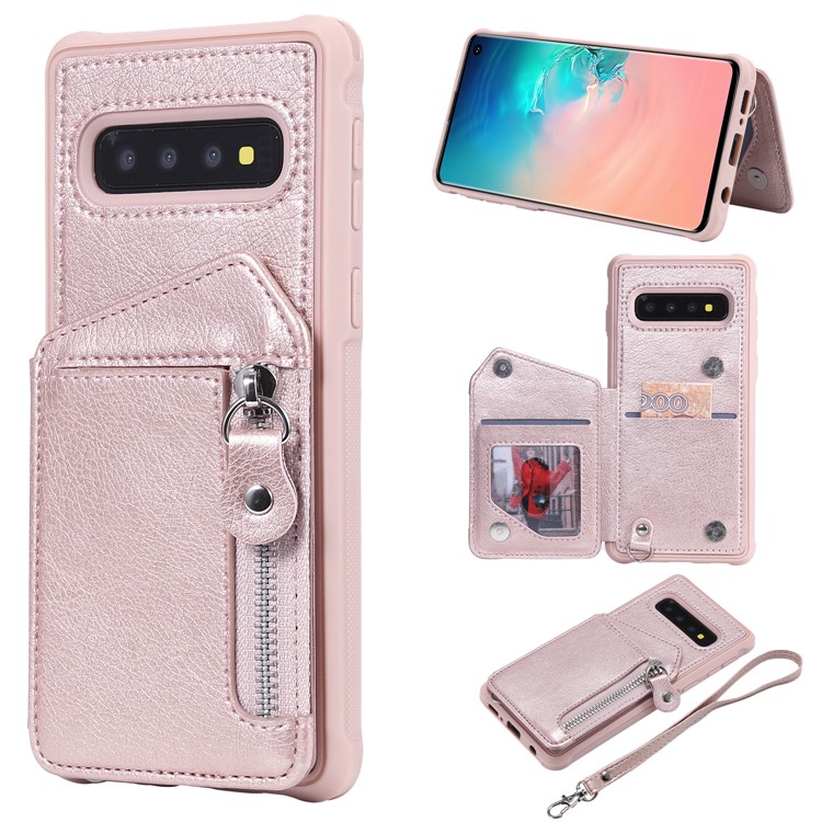 

TPU+PU Leather Zipper Kickstand Leather Protection Casing for Samsung Galaxy S10 - Rose Gold, Galaxy S10