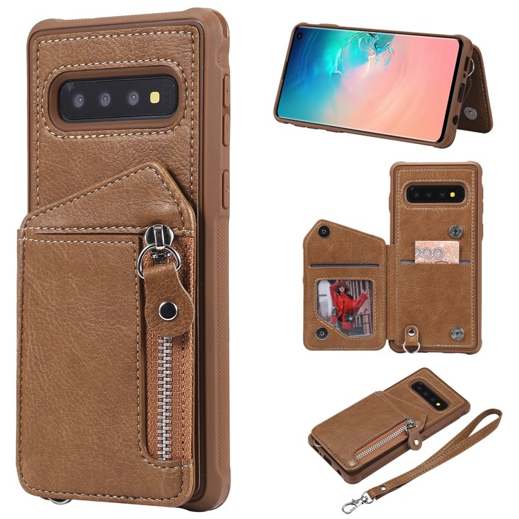 

TPU + PU Кожаный Чехол На Молнии Kickstand Кожаный Чехол Для Samsung Galaxy S10 - Коричневый, Galaxy S10