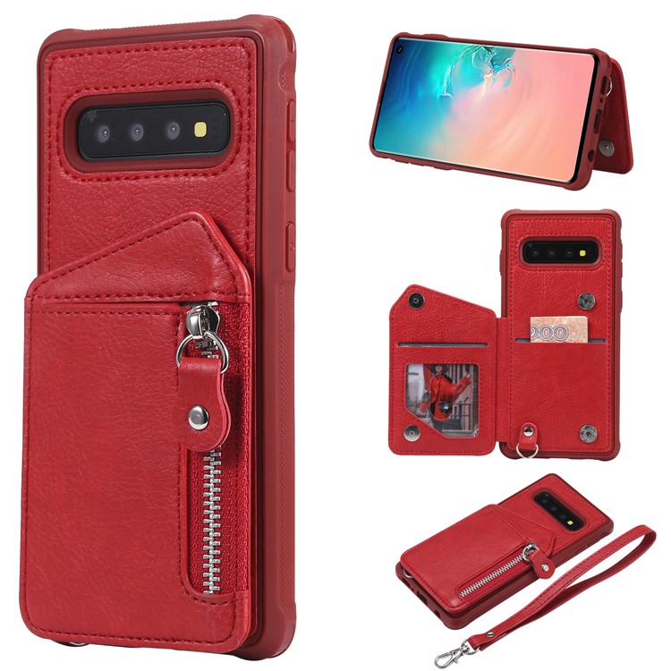 

TPU + PU Кожаный Чехол На Молнии Kickstand Кожаный Чехол Для Samsung Galaxy S10 - Красный, Galaxy S10