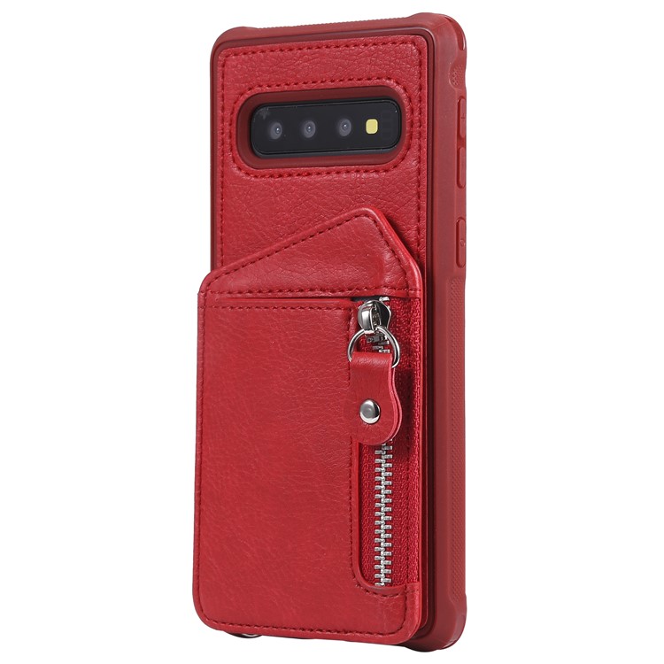 TPU+PU Leather Zipper Kickstand Leather Protection Casing for Samsung Galaxy S10 - Red-2