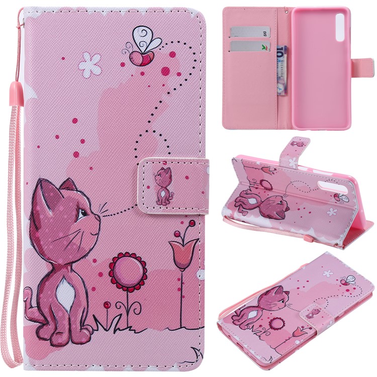 

Pattern Printing Leather Wallet Stand Case for Samsung Galaxy A70 - Cat and Flower, Galaxy A70