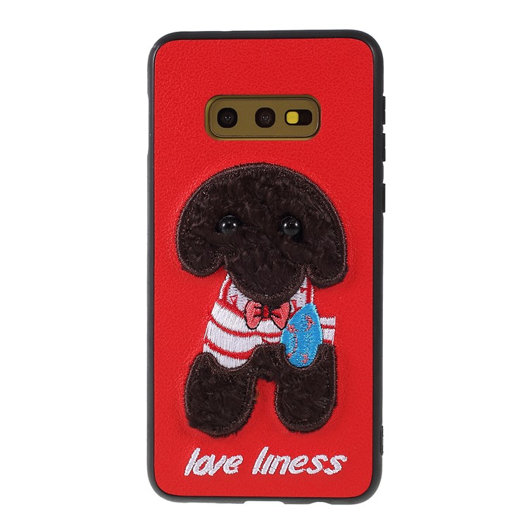 Embroidery Pattern TPU+PU Leather Coated Phone Case for Samsung Galaxy S10e - Red/Brown Dog with Bow-knot-1