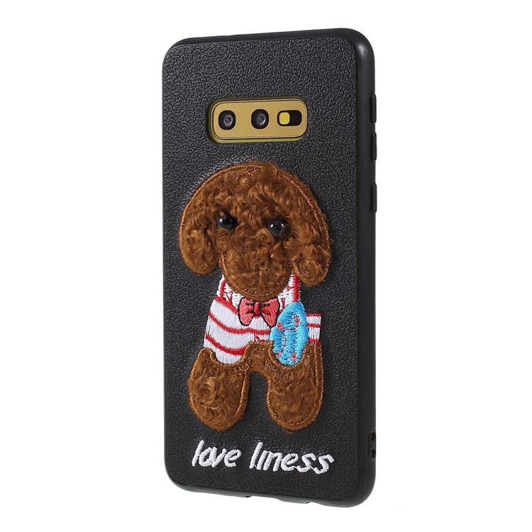 Embroidery Pattern TPU+PU Leather Coated Phone Case for Samsung Galaxy S10e - Black/Brown Dog with Bow-knot-4