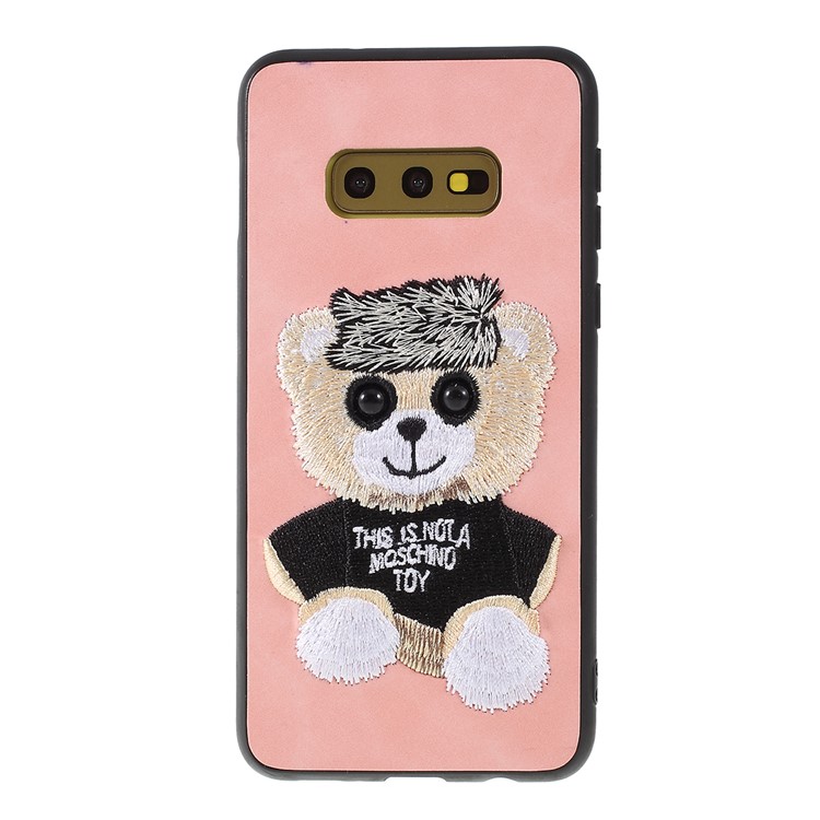 Embroidery Pattern TPU+PU Leather Coated Phone Case for Samsung Galaxy S10e - Pink/Bear Pattern-1