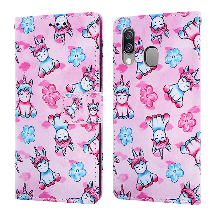 Pattern Printing Wallet Leather Stand Case for Samsung Galaxy A40 - Unicorns and Flower-3