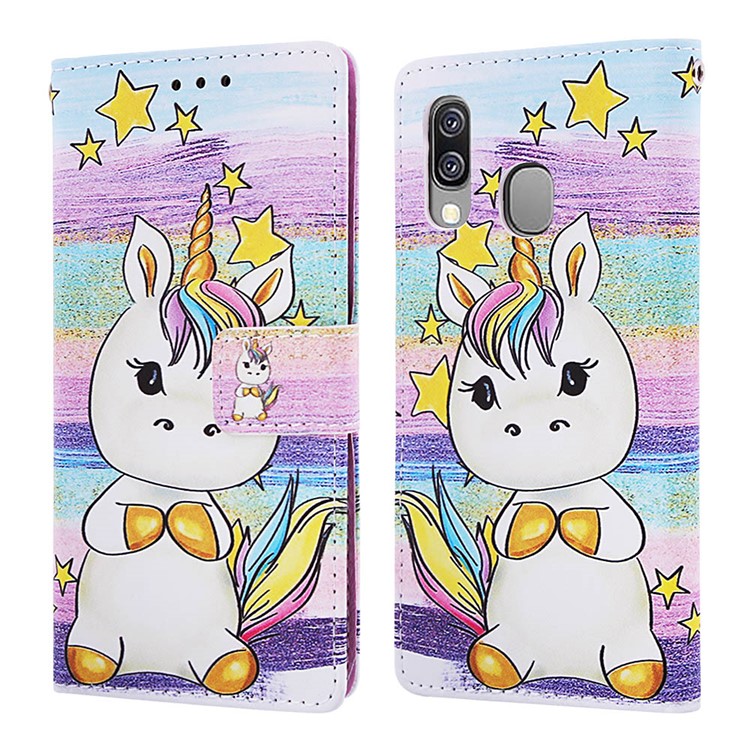 Musterdruck Brieftasche Ledertasche Für Samsung Galaxy A40 - Stern Und Einhorn-3