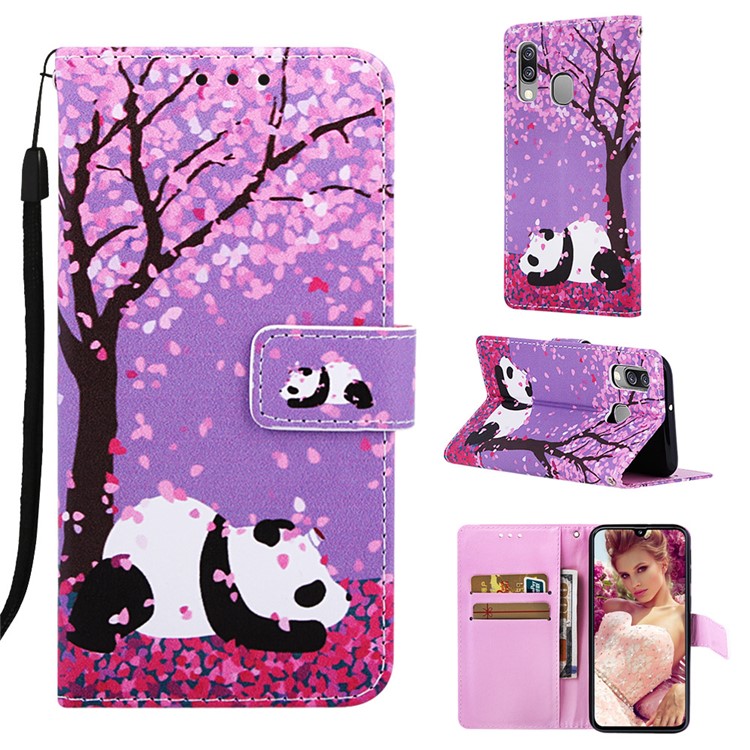 Pattern Printing Wallet Leather Stand Case for Samsung Galaxy A40 - Panda Under The Tree-1