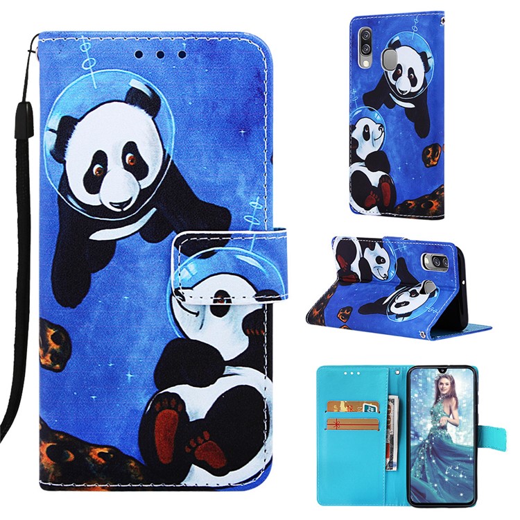 Pattern Printing Wallet Leather Stand Case for Samsung Galaxy A40 - Two Pandas-1