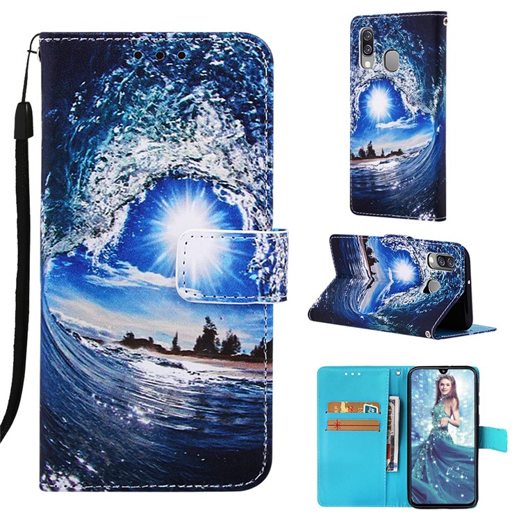 Pattern Printing Wallet Leather Stand Case for Samsung Galaxy A40 - Wave-1