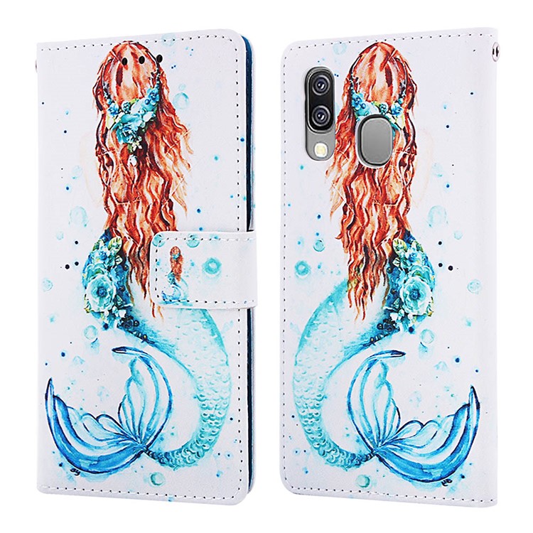 Pattern Printing Wallet Leather Stand Case for Samsung Galaxy A40 - Mermaid-3