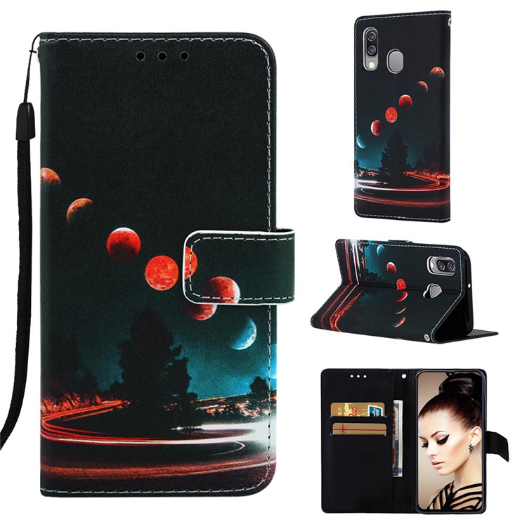 Pattern Printing Wallet Leather Stand Case for Samsung Galaxy A40 - Moon-1
