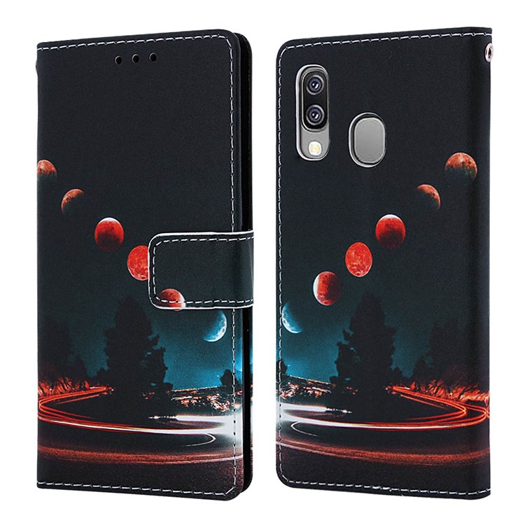 Pattern Printing Wallet Leather Stand Case for Samsung Galaxy A40 - Moon-3