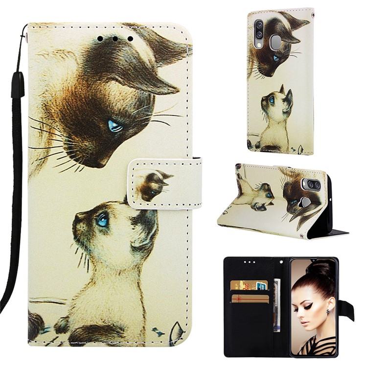 Pattern Printing Wallet Leather Stand Case for Samsung Galaxy A40 - Cat Mother and Baby-1