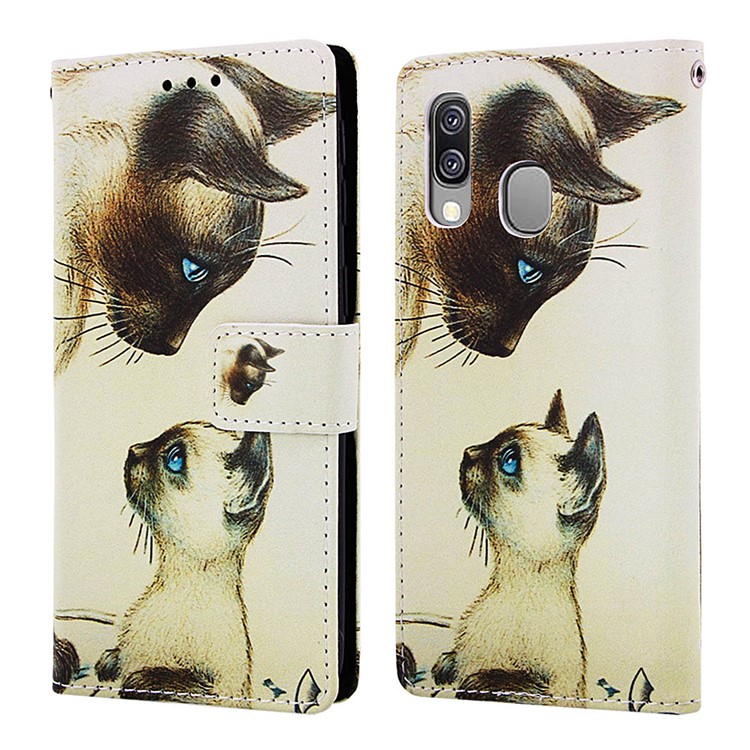Pattern Printing Wallet Leather Stand Case for Samsung Galaxy A40 - Cat Mother and Baby-3