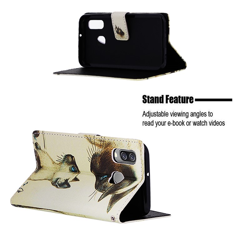 Pattern Printing Wallet Leather Stand Case for Samsung Galaxy A40 - Cat Mother and Baby-4