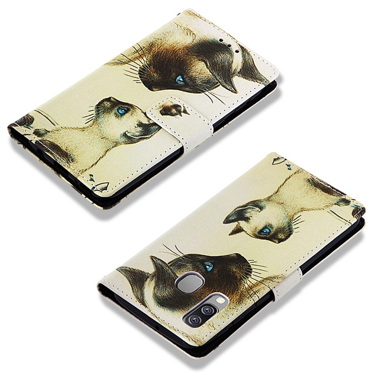 Pattern Printing Wallet Leather Stand Case for Samsung Galaxy A40 - Cat Mother and Baby-7