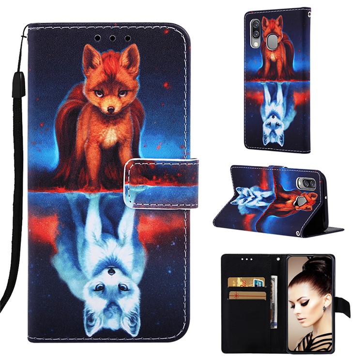 Pattern Printing Wallet Leather Stand Case for Samsung Galaxy A40 - Fox-1
