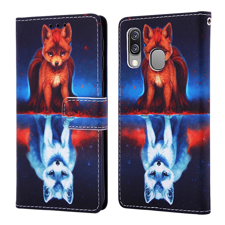 Pattern Printing Wallet Leather Stand Case for Samsung Galaxy A40 - Fox-3