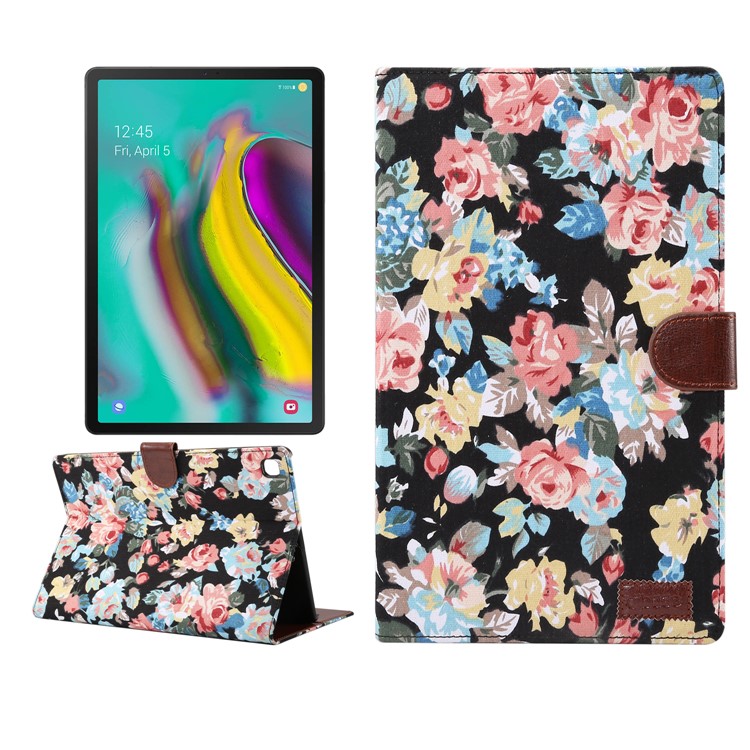 Flower Cloth Skin PU Leather Wallet Stand Cover for Samsung Galaxy Tab S5e SM-T720 / T725 - Black-1