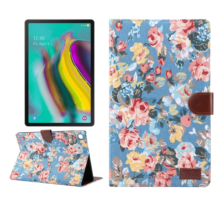 Цветочная Ткань Кожа PU Кожаный Бумажник Стенд Чехол Для Samsung Galaxy Tab S5E SM-T720 / T725 - Синий-1