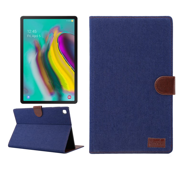 Jeans Cloth Leather Wallet Stand Protection Tablet Cover for Samsung Galaxy Tab S5e SM-T720 / T725 - Dark Blue-1