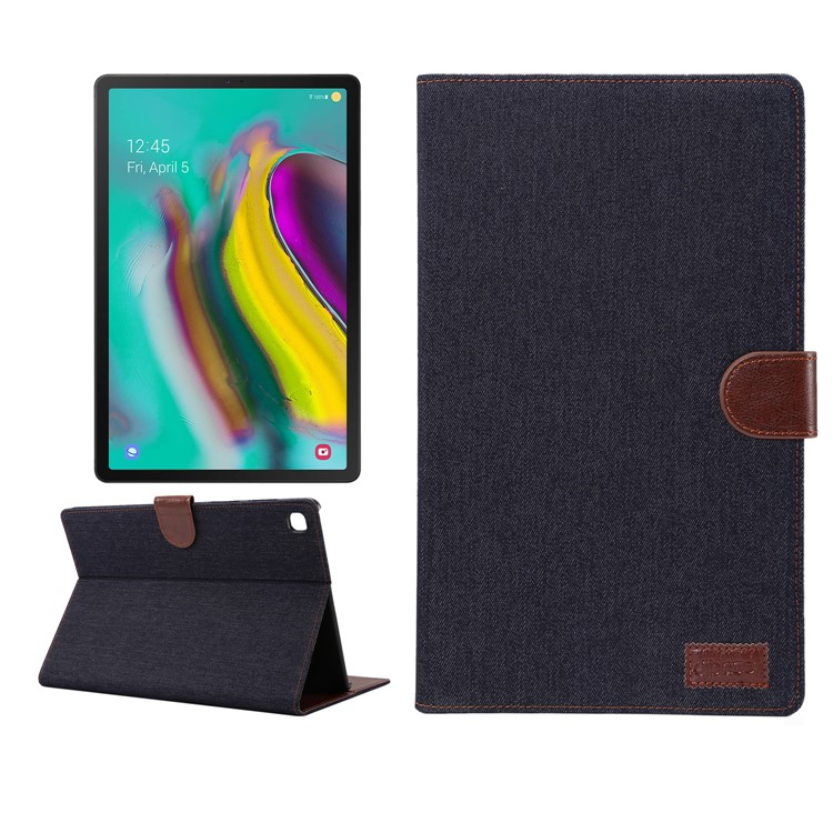 Jeans Cloth Leather Wallet Stand Protection Tablet Cover for Samsung Galaxy Tab S5e SM-T720 / T725 - Black Blue-1