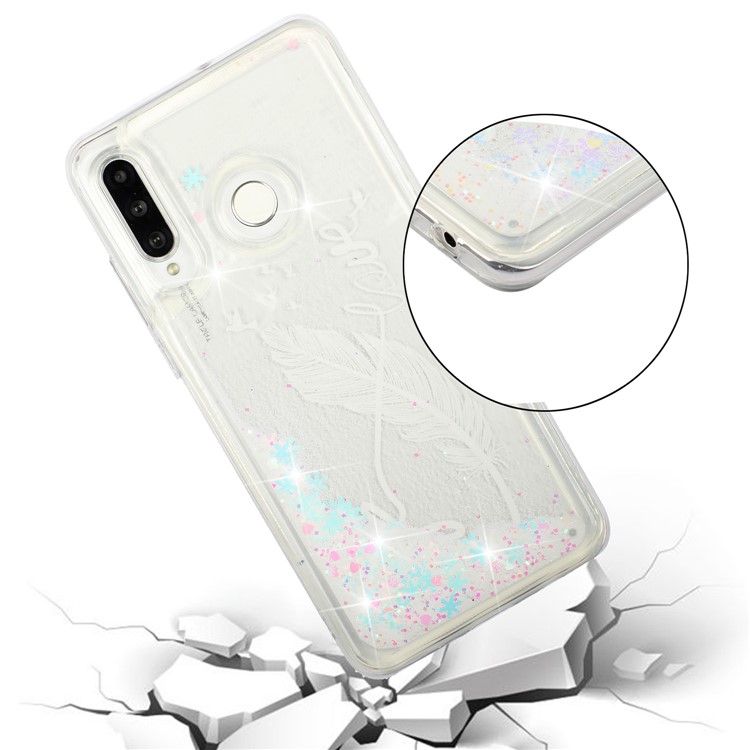 For Samsung Galaxy A60 Moving Glitter Powder Sequins Patterned TPU Protection Case - White Feather-5