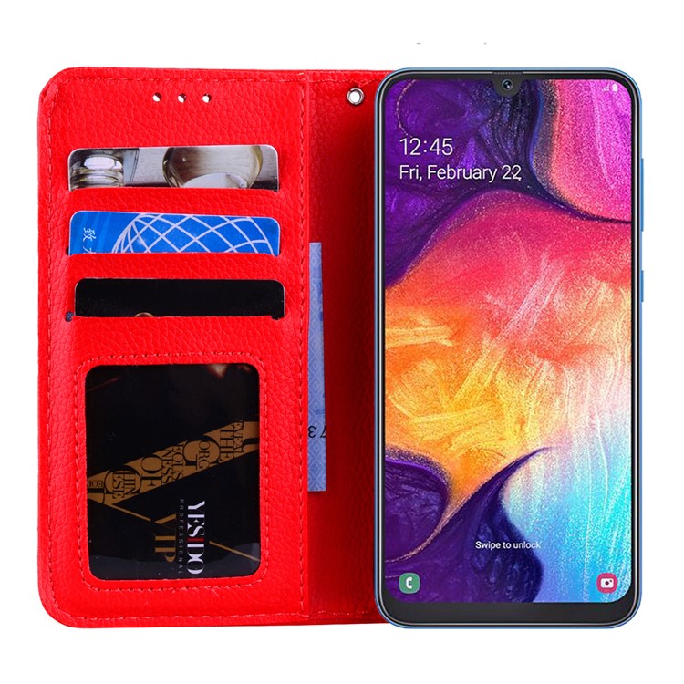 Litchi Skin Wallet Leather Stand Case for Samsung Galaxy A50 - Red-6