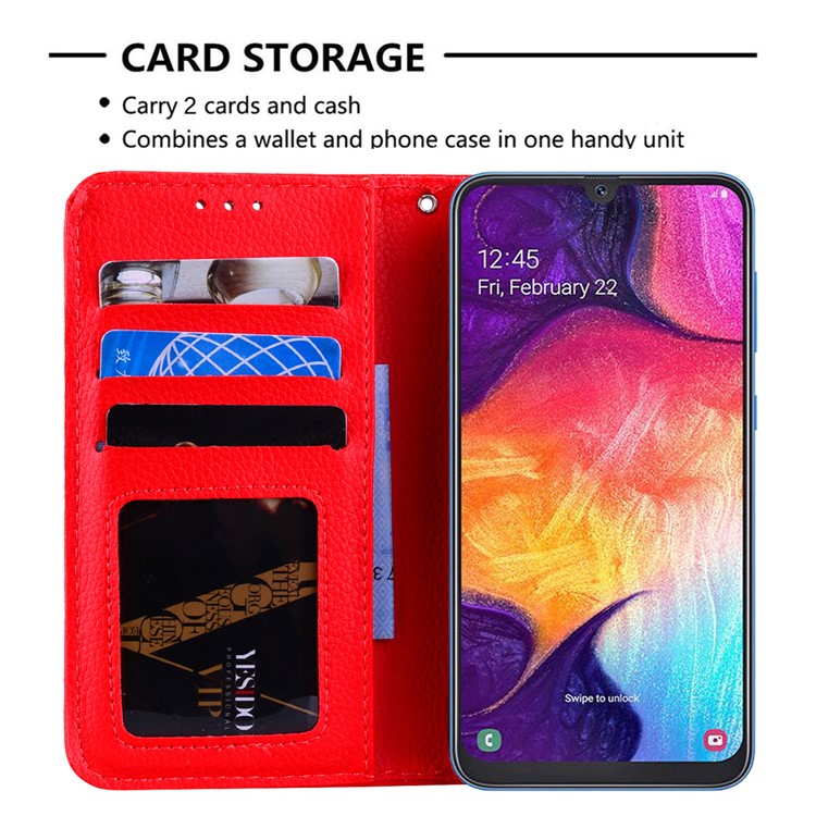 Litchi Skin Wallet Leather Stand Case for Samsung Galaxy A50 - Red-8