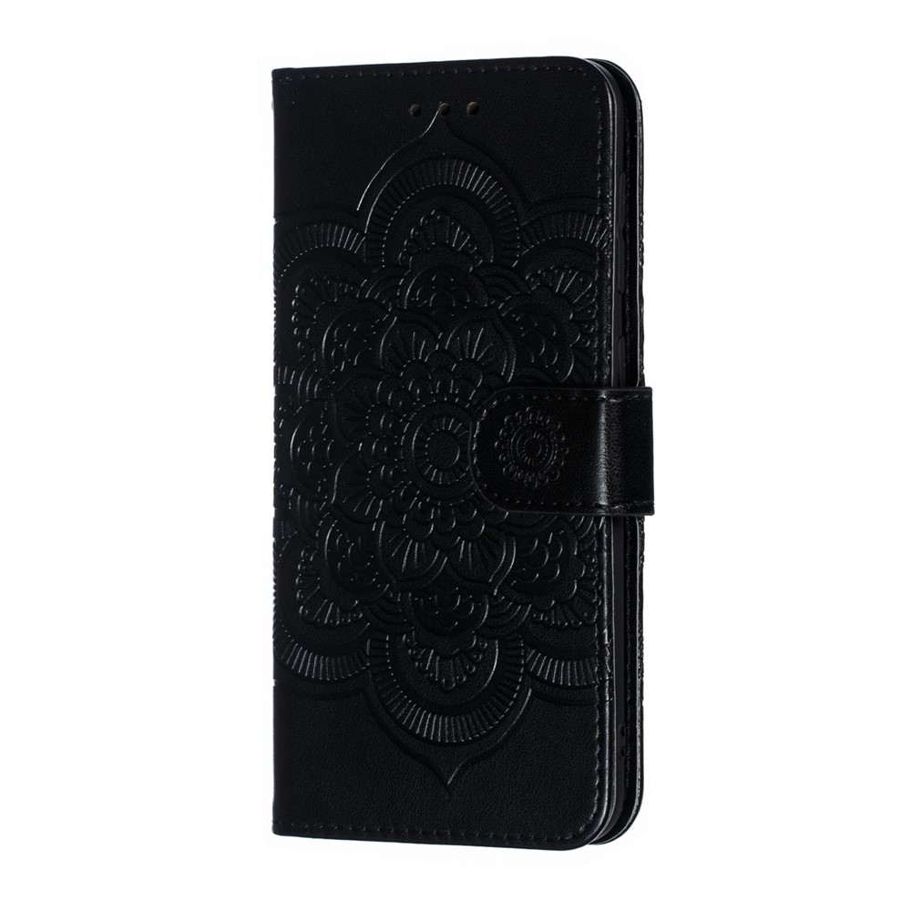 For Samsung Galaxy A10 Imprint Mandala Flower Phone Cover Case Leather Wallet - Black-3