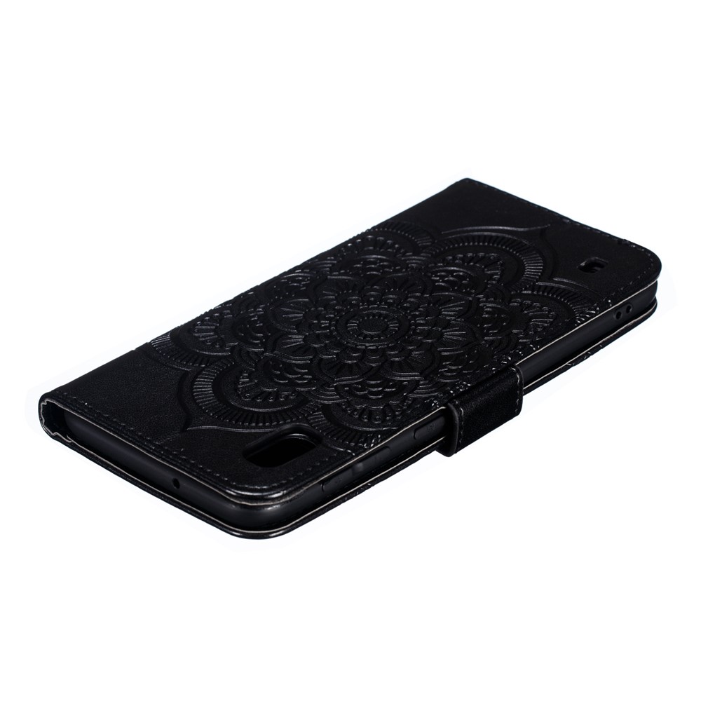 For Samsung Galaxy A10 Imprint Mandala Flower Phone Cover Case Leather Wallet - Black-6