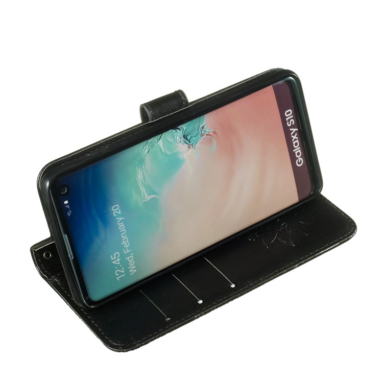 For Samsung Galaxy S10 Imprint Flower Leather Wallet Case Phone Cover - Black-4